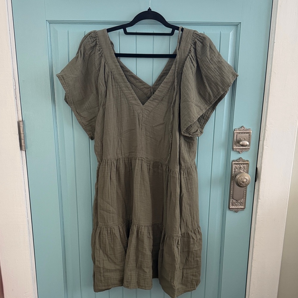 Old Navy Olive Green V-Neck Tiered Mini Dress